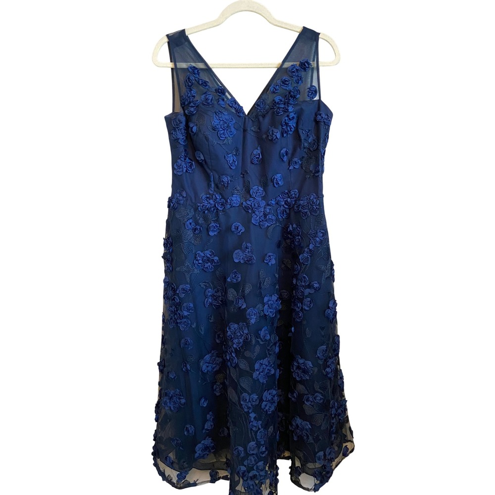 Rickie Freeman Teri Jon Navy Blue 3D Floral Applique Mesh Midi Dress Size 12
